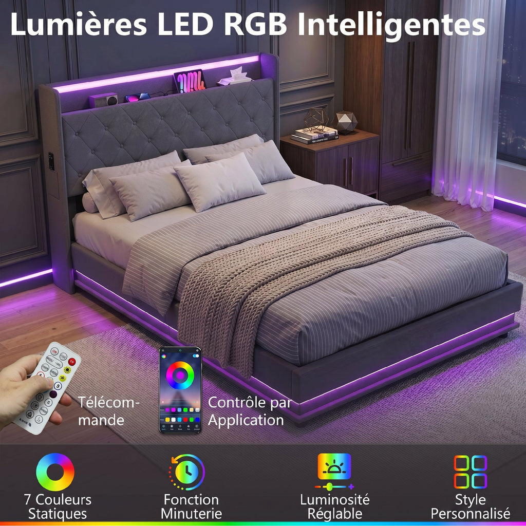 Lit coffre 140x190cm éclairage LED et station de charge cadre de lit double rembourré lin rangement hydraulique gris-4