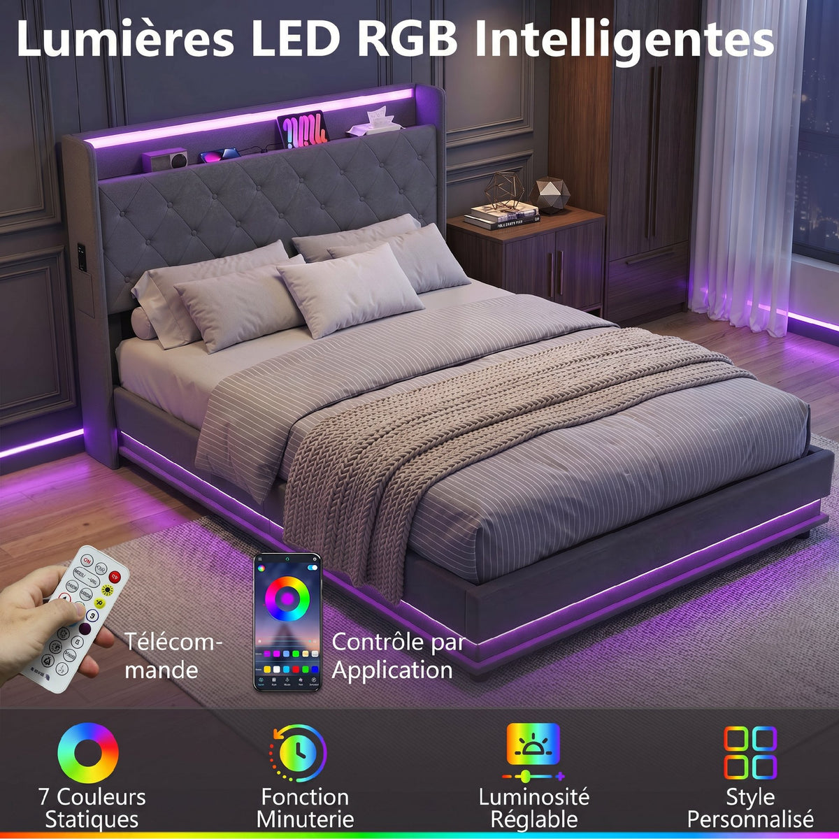 Lit coffre 140x190cm éclairage LED et station de charge cadre de lit double rembourré lin rangement hydraulique gris-4