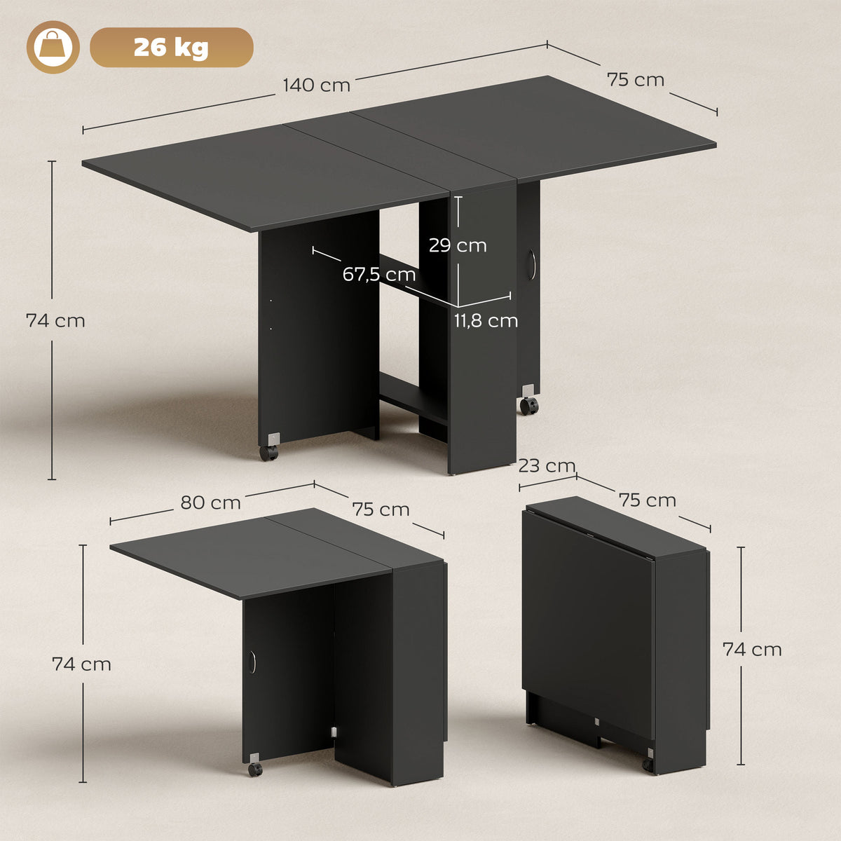 Table pliante de cuisine salle à manger amovible sur roulettes 75 x 140 x 74 cm coloris noir-2