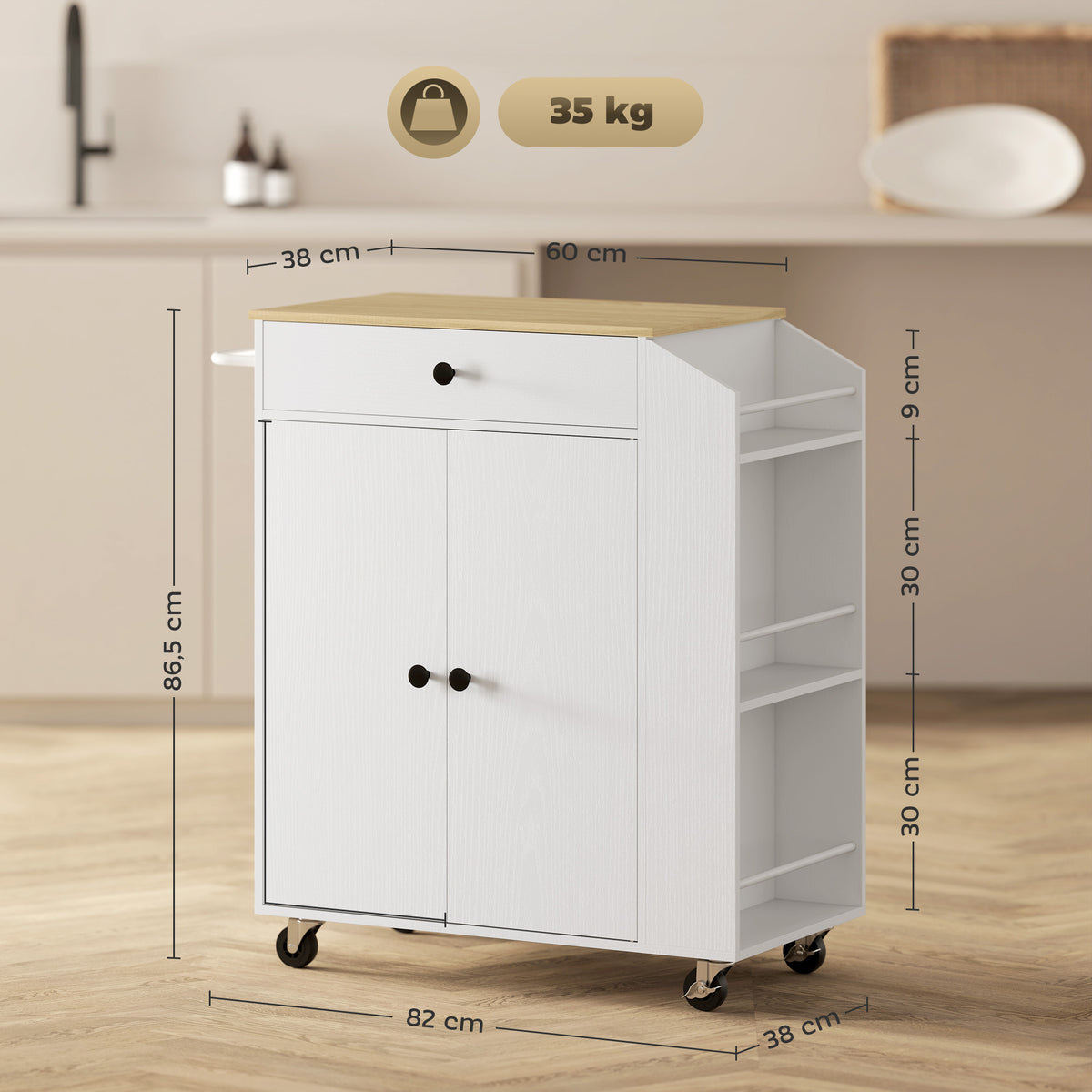 Îlot central cuisine mobile desserte cuisine avec tiroir étagère réglable placard à deux portes 82 x 38 x 86,5 cm blanc-2