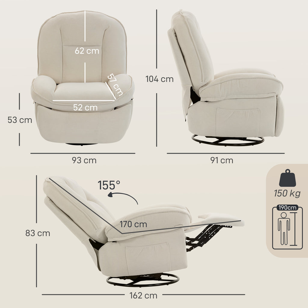 Fauteuil inclinable en chenille, fauteuil de relaxation pivotant à 360°, assise large, poches latérales, crème-2
