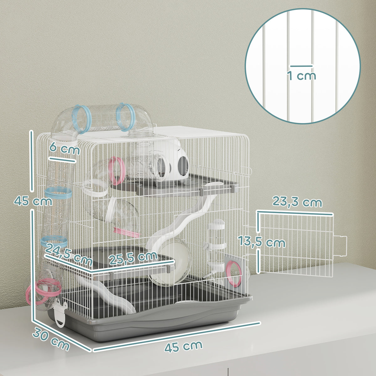 Cage hamster, cage rongeur à 3 niveaux, roue d'exercice, tunnel, gamelle, niche et rampe d'accès, 45 x 30 x 45 cm, gris-2