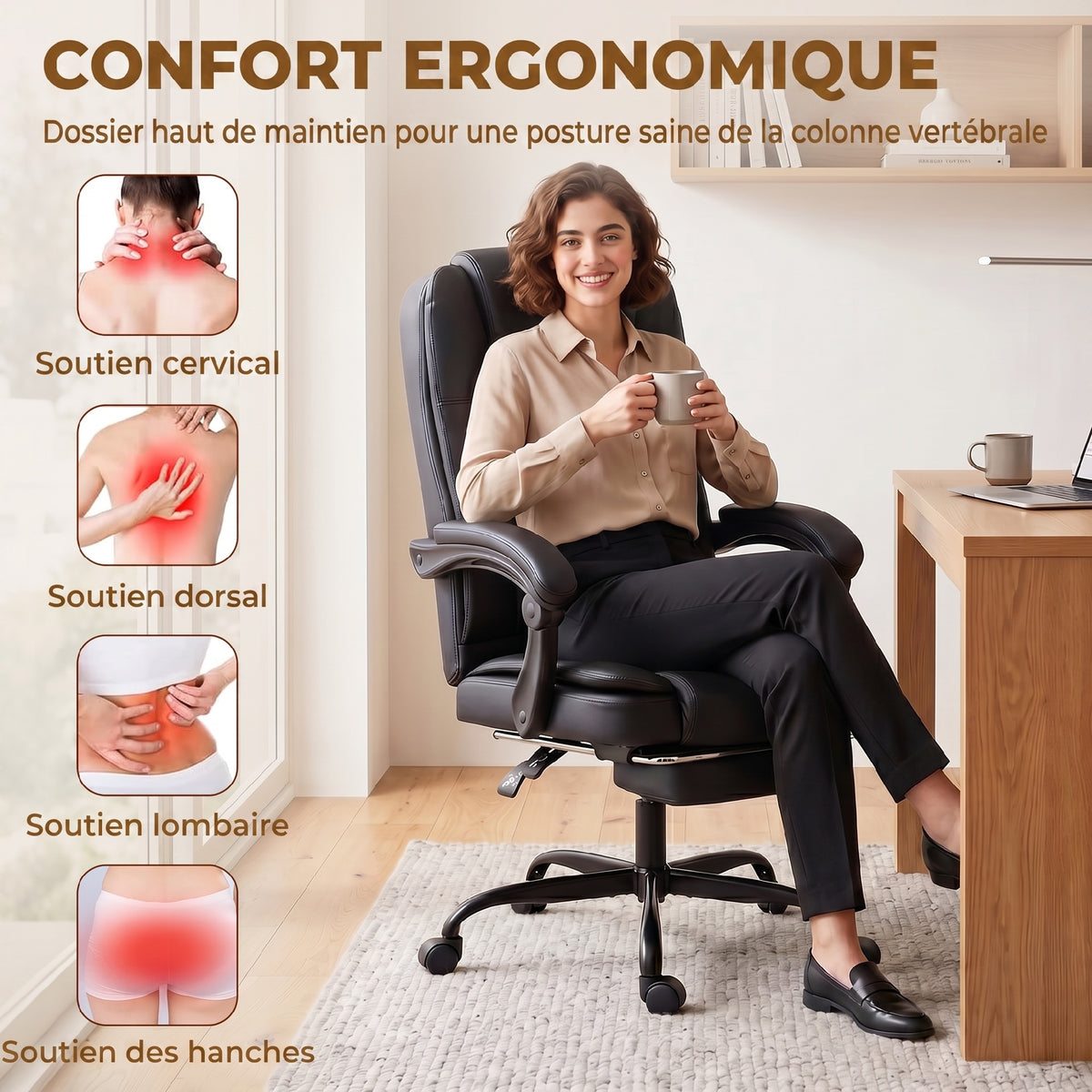 Chaise de bureau ergonomique, fauteuil de bureau inclinable en pu avec repose-pieds rétractable, hauteur réglable, noir-3