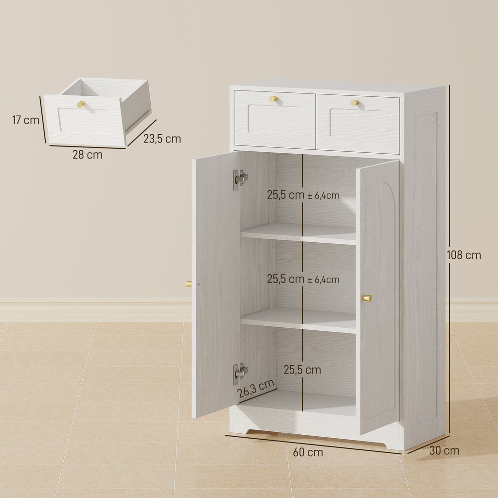 Meuble de salle de bain meuble de rangement avec 2 tiroirs double porte arquée étagères réglables 60x30x108cm blanc-2