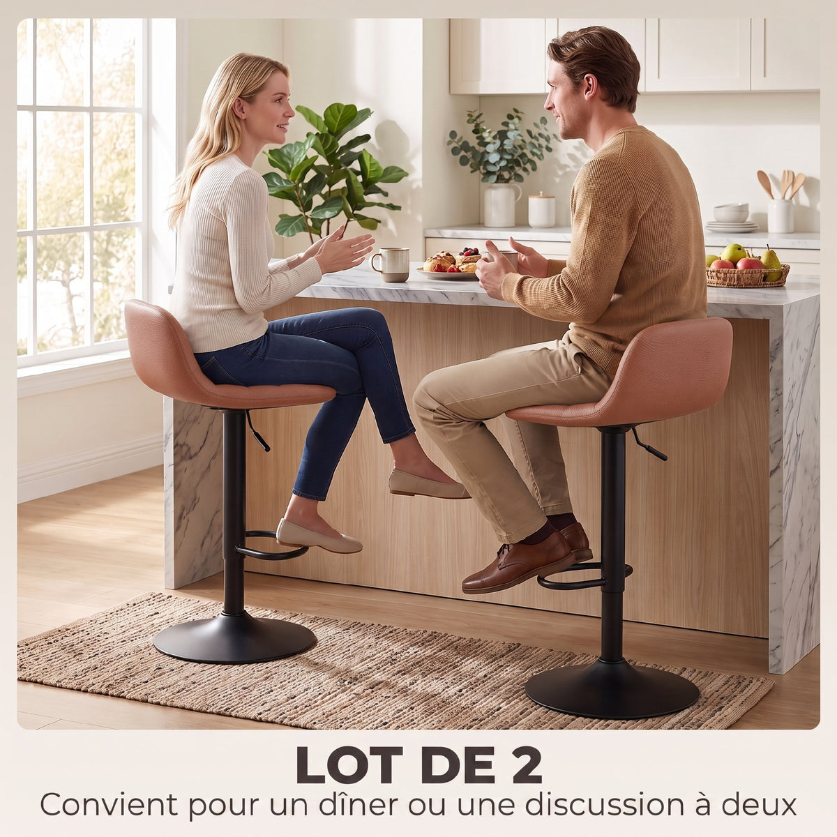 Lot de 2 Tabourets de Bar en Cuir PU, Rétro-Industriel, Hauteur Réglable, Pivotant 360°, 40x41,5x76-98cm, Marron Foncé-3