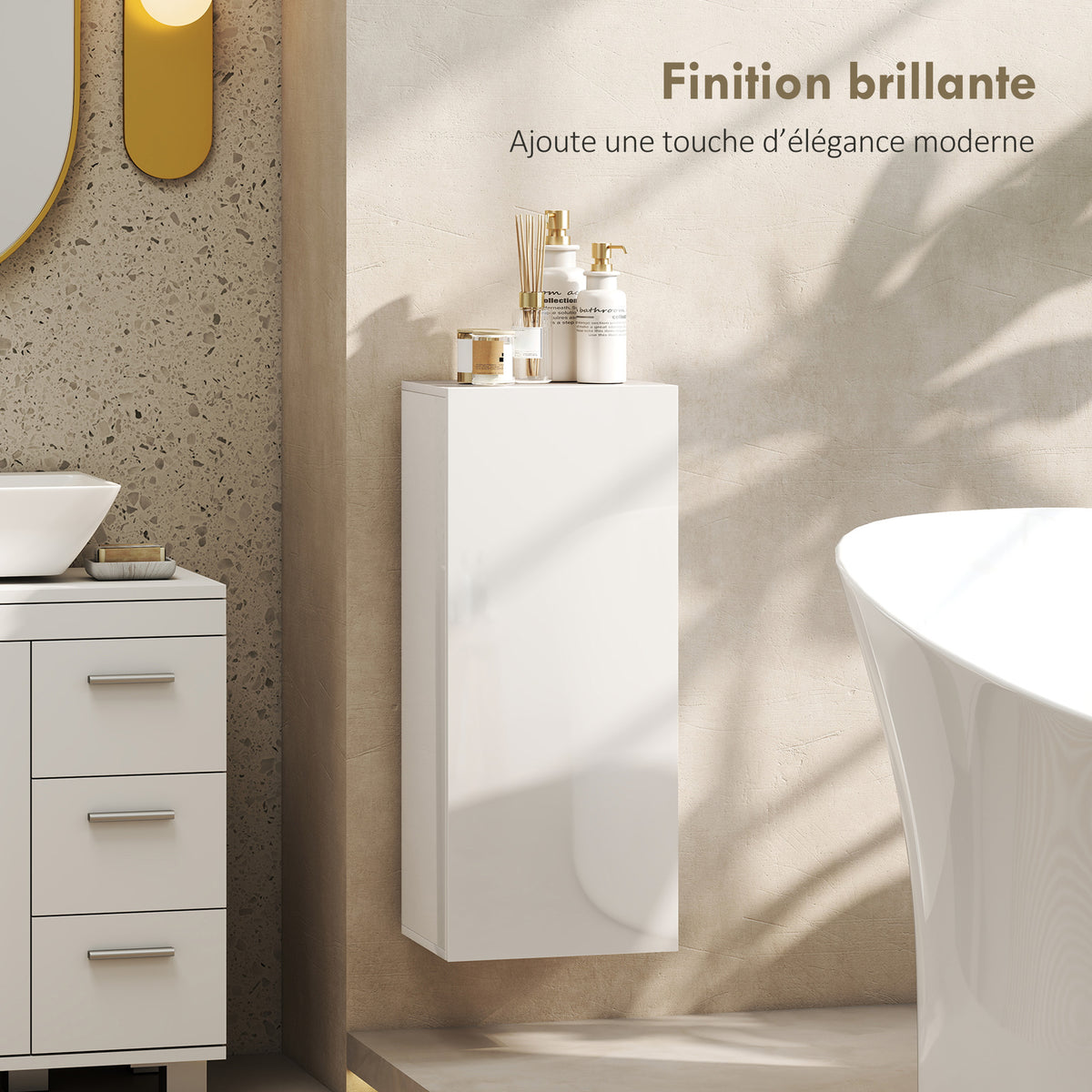 Meuble Mural de Salle de Bain, Étagère Réglable en Verre Trempé, Porte sans Poignée, Moderne, 30x23,4x71,2cm, Blanc-4
