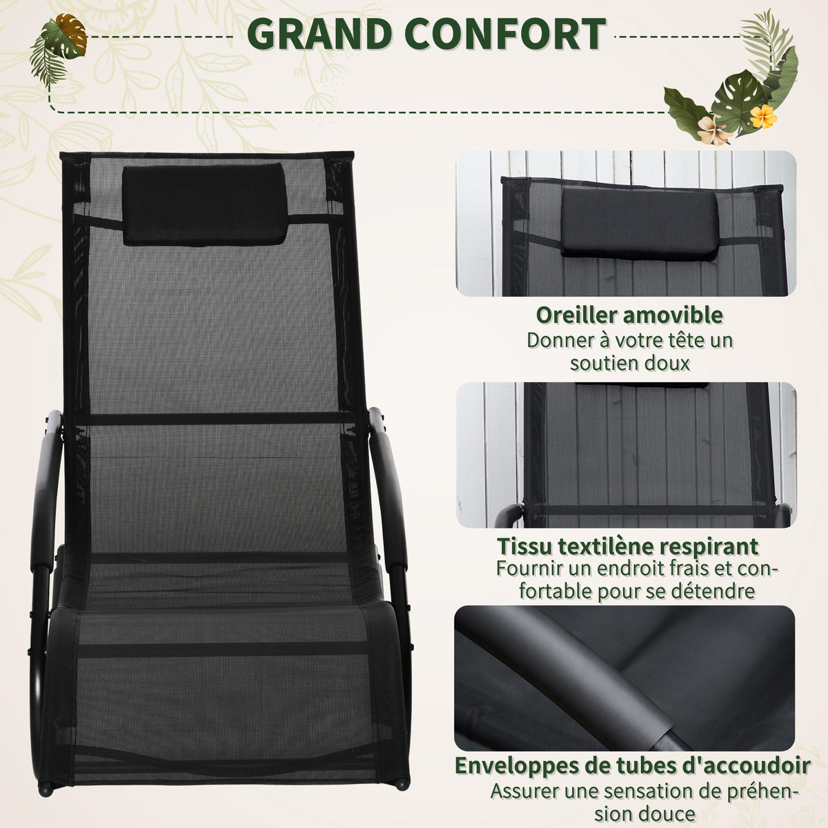 Chaise longue à bascule rocking chair ergonomique avec tétière accoudoirs métal galvanisé textilène 62l x 150P-4