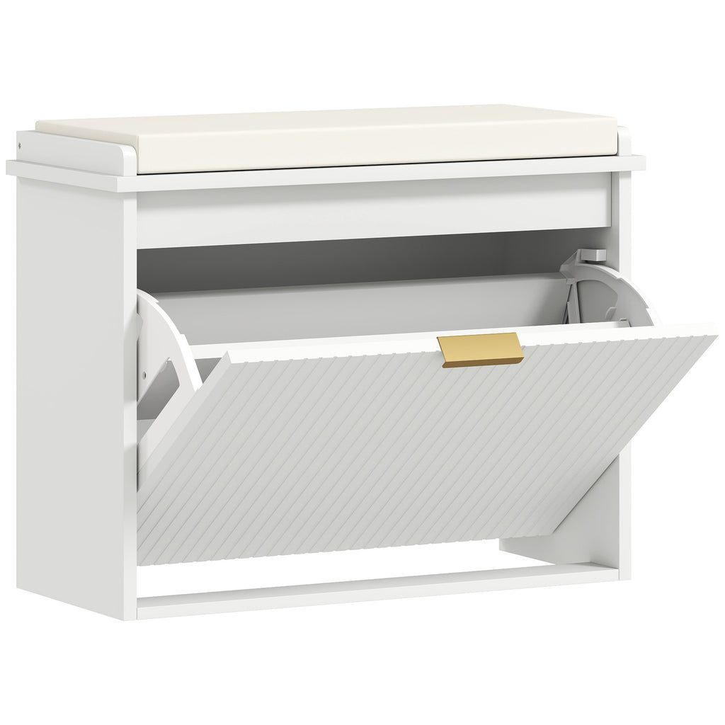 Banc à chaussures avec coussin d'assise rembourré et tiroir rabattable pour couloir, chambre, 62 x 26 x 47,5 cm, blanc-0