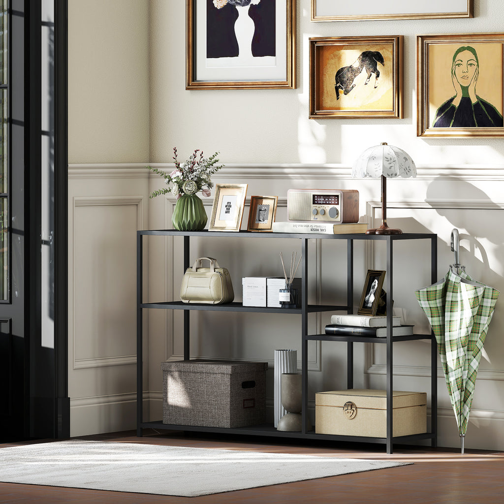 Console meuble étroite à 4 niveaux style industriel cadre en acier, 110 x 30 x 75 cm, noir-9