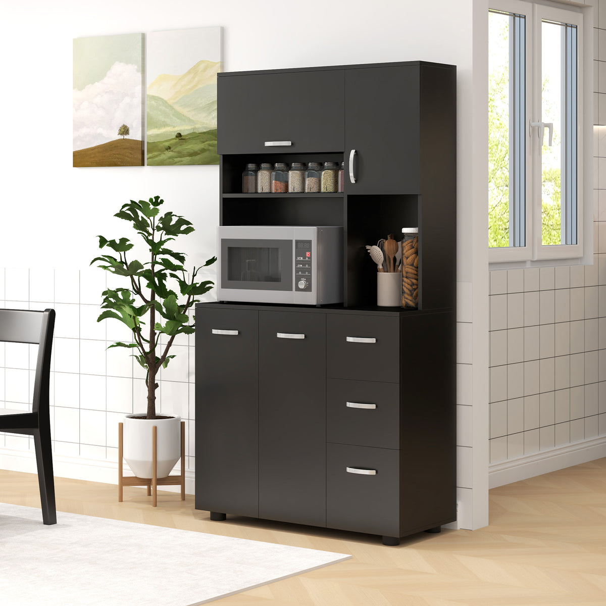 Armoire de cuisine multi-rangements 4 portes 3 tiroirs étagère + grand plateau 89L x 39,5l x 168H cm noir-1