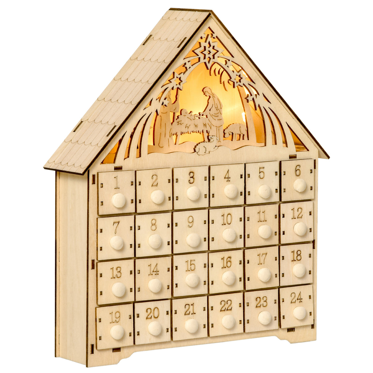 Calendrier de l'Avent à remplir en bois, décoration de Noël avec 24 tiroirs et 5 lumières LED, 26,6x6x30cm, bois naturel-0