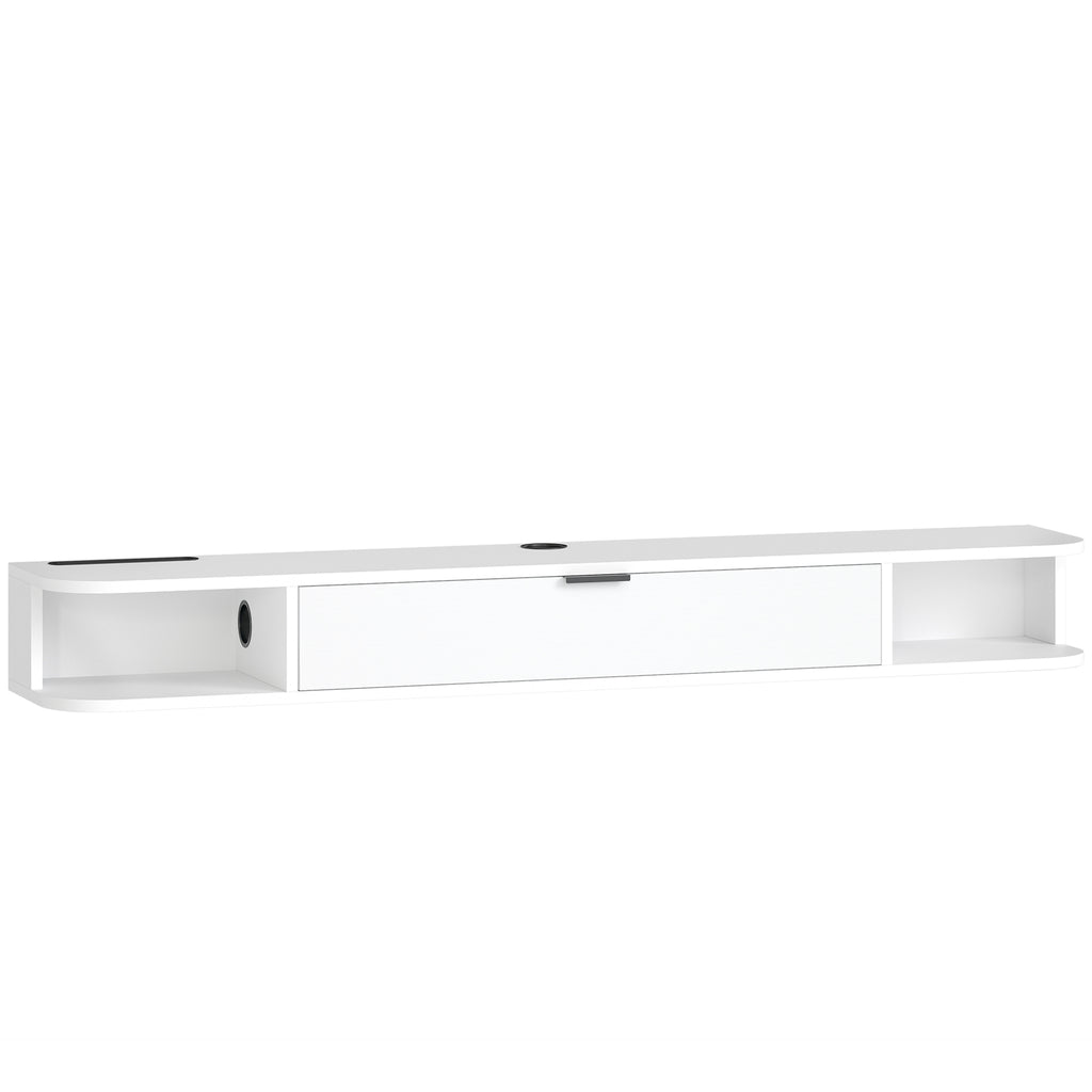 Meuble TV Suspendu, Meuble Télé pour Téléviseur jusqu'à 60 Pouces, Tiroir Rabattable, 2 Étagères, 140x24x16cm, Blanc-0