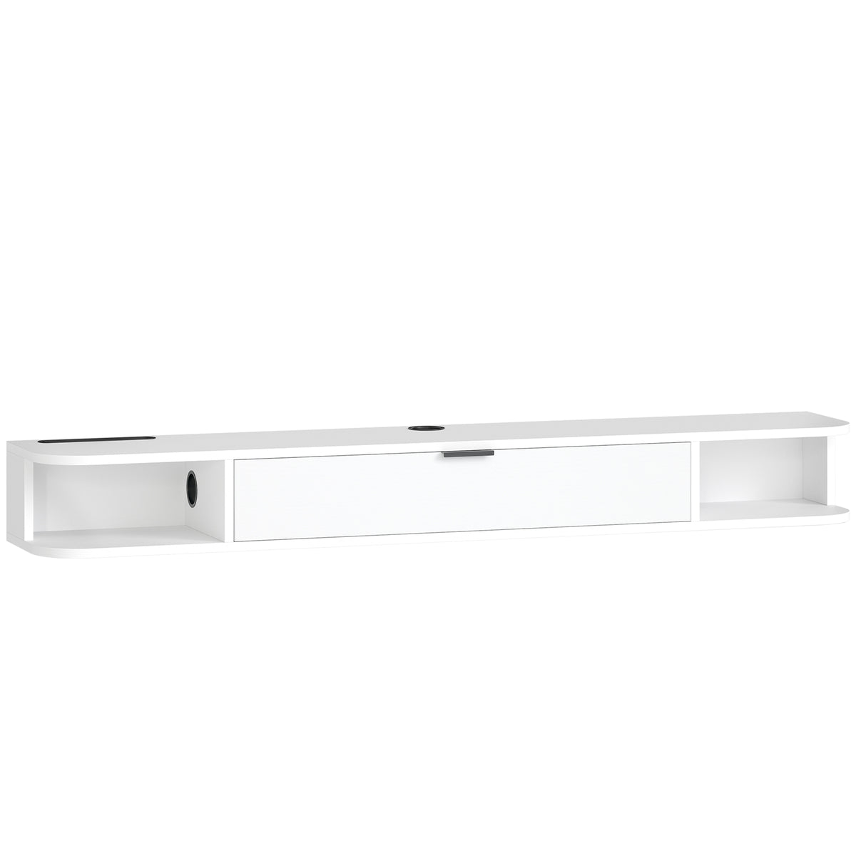Meuble TV Suspendu, Meuble Télé pour Téléviseur jusqu'à 60 Pouces, Tiroir Rabattable, 2 Étagères, 140x24x16cm, Blanc-0