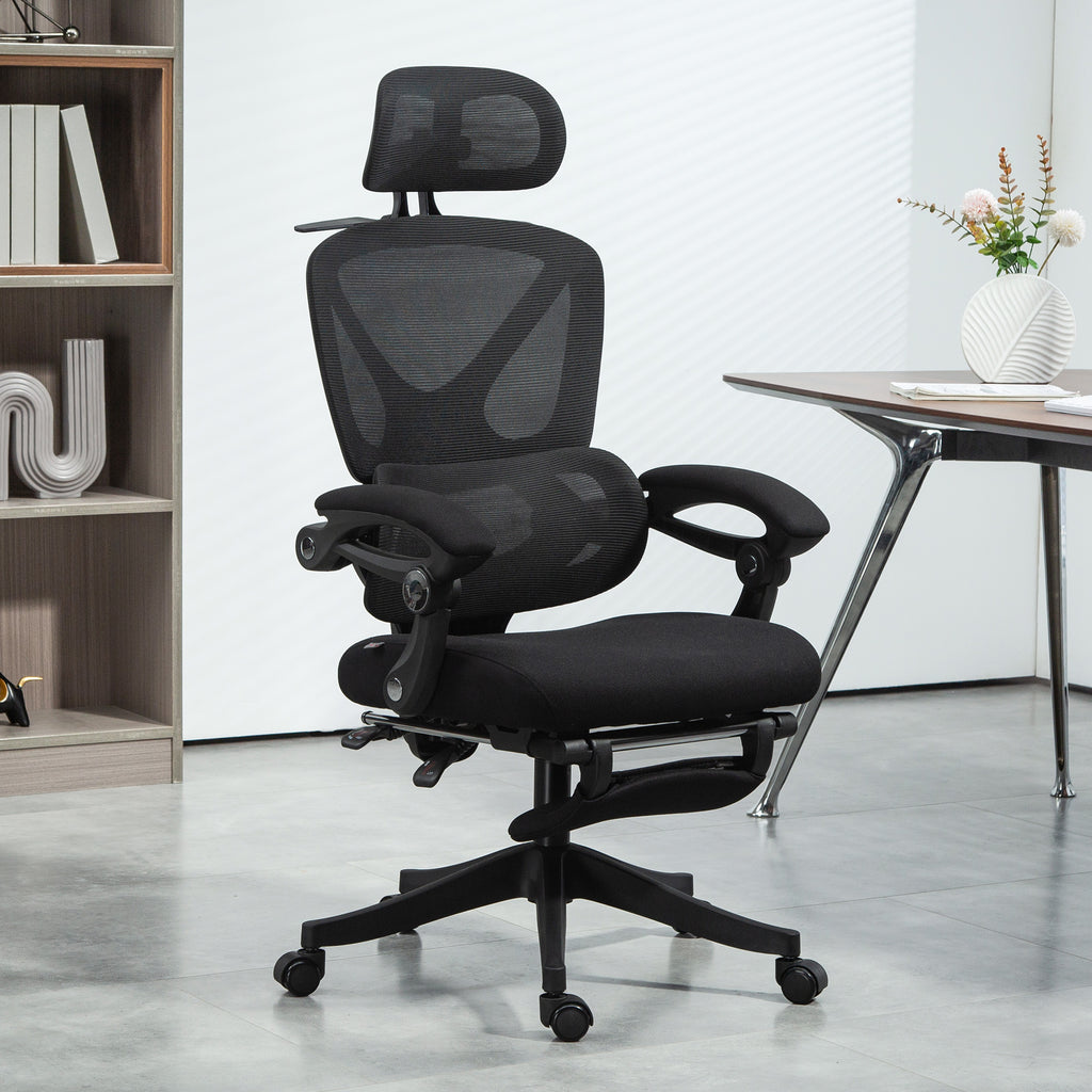 Chaise Bureau Ergonomique avec Appui-Tête Réglable, Fauteuil de Bureau Inclinable en Maille, Dossier Séparé, Noir-1