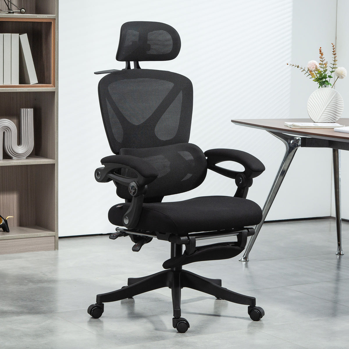 Chaise Bureau Ergonomique avec Appui-Tête Réglable, Fauteuil de Bureau Inclinable en Maille, Dossier Séparé, Noir-1
