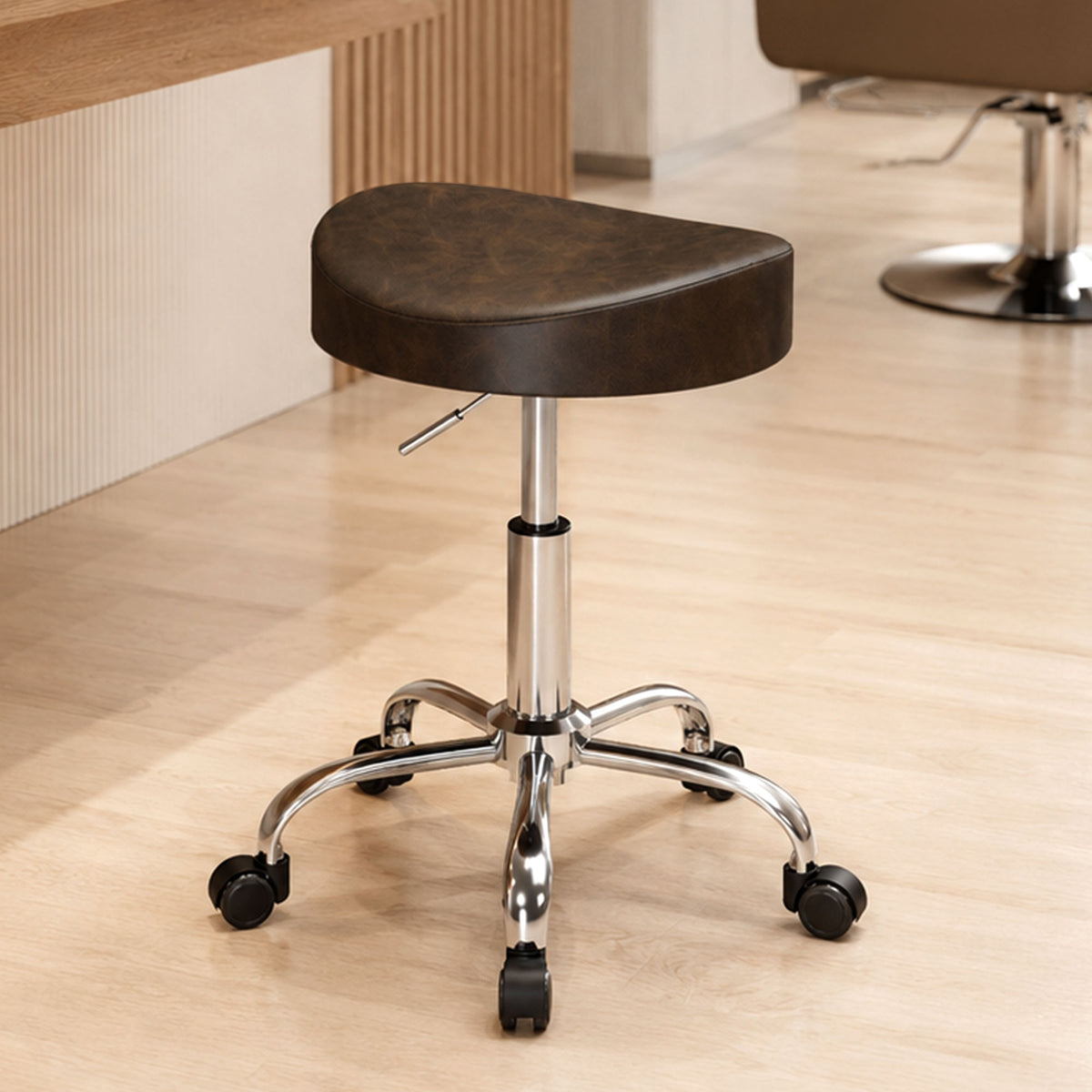 Tabouret à roulettes, tabouret de salon avec hauteur réglable 51-66 cm et assise rembourrée, pivotant 360°, marron-1