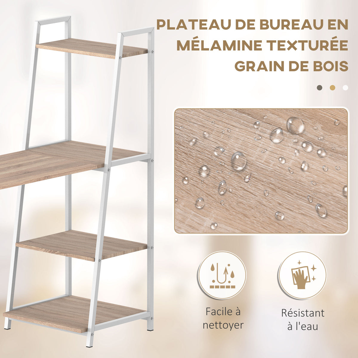 Bureau Pliable Rabattable - Bureau bibliothèque 2 en 1-4 étagères - Imitation Bois chêne Clair métal Blanc-5