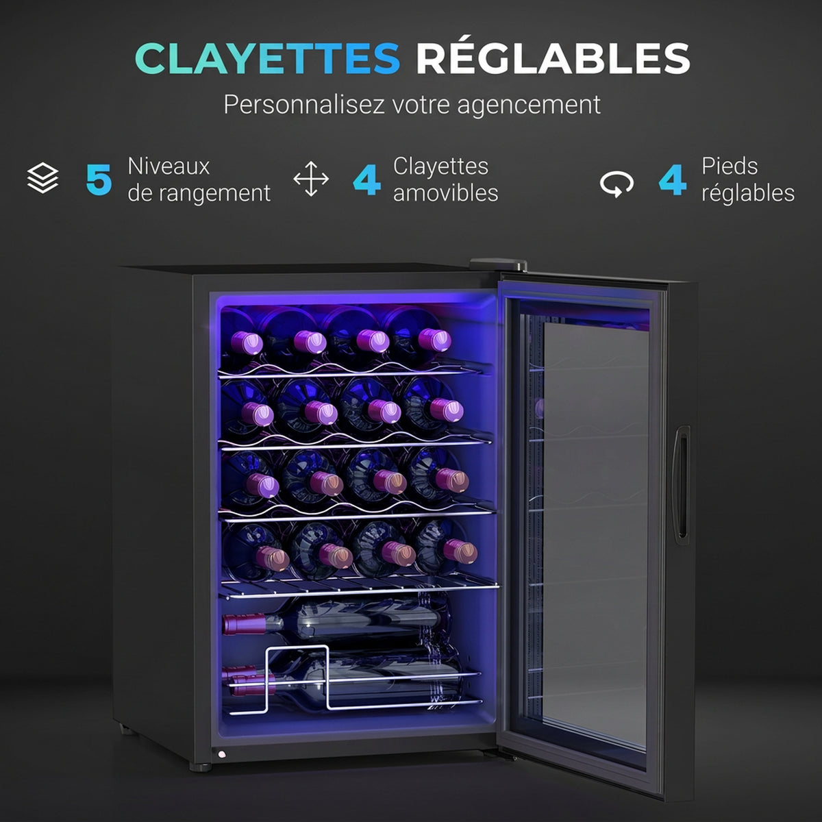 Cave à vin 20 bouteilles 53L haute performance température réglable 5-18° avec lumière LED, noir-5