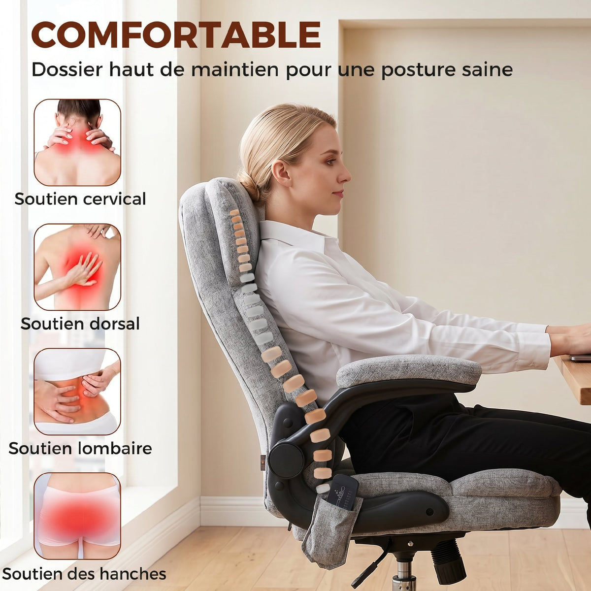 Fauteuil de bureau massant et chauffant, chaise de bureau ergonomique avec hauteur réglable, fonction à bascule, gris-5