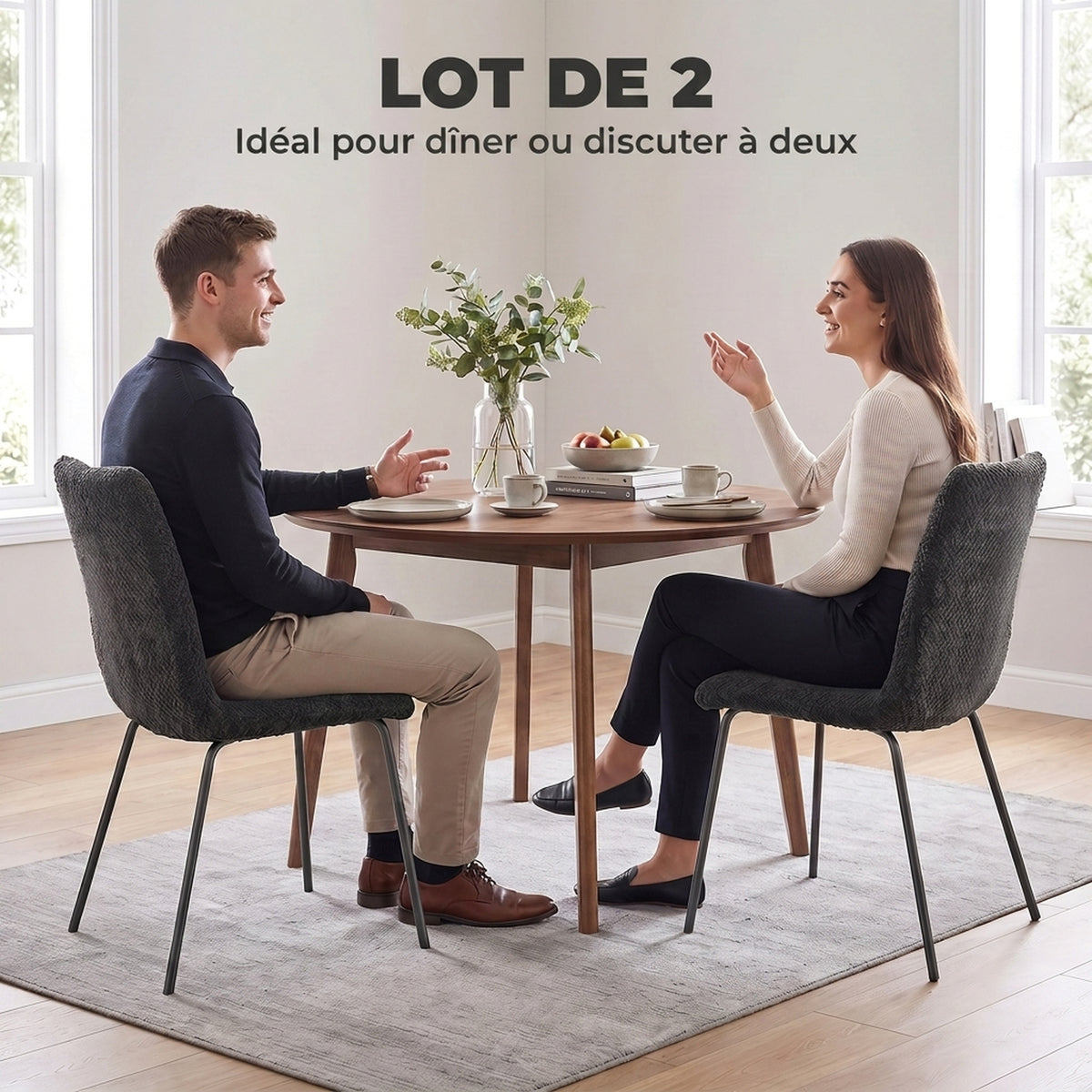 Lot de 2 Chaises de Salle à Manger, Chaises Cuisine Rembourrées en Velours, Dossier Incurvé, Pieds en Métal, Gris Foncé-3