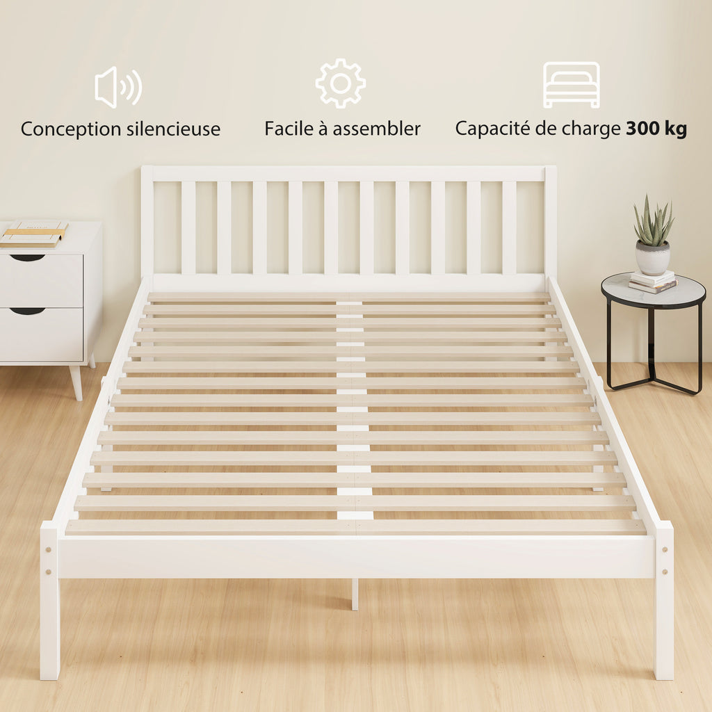 Cadre de lit en bois massif 140x190 cm lit simple avec tête de lit et sommier à lattes solide pour enfants adultes-4