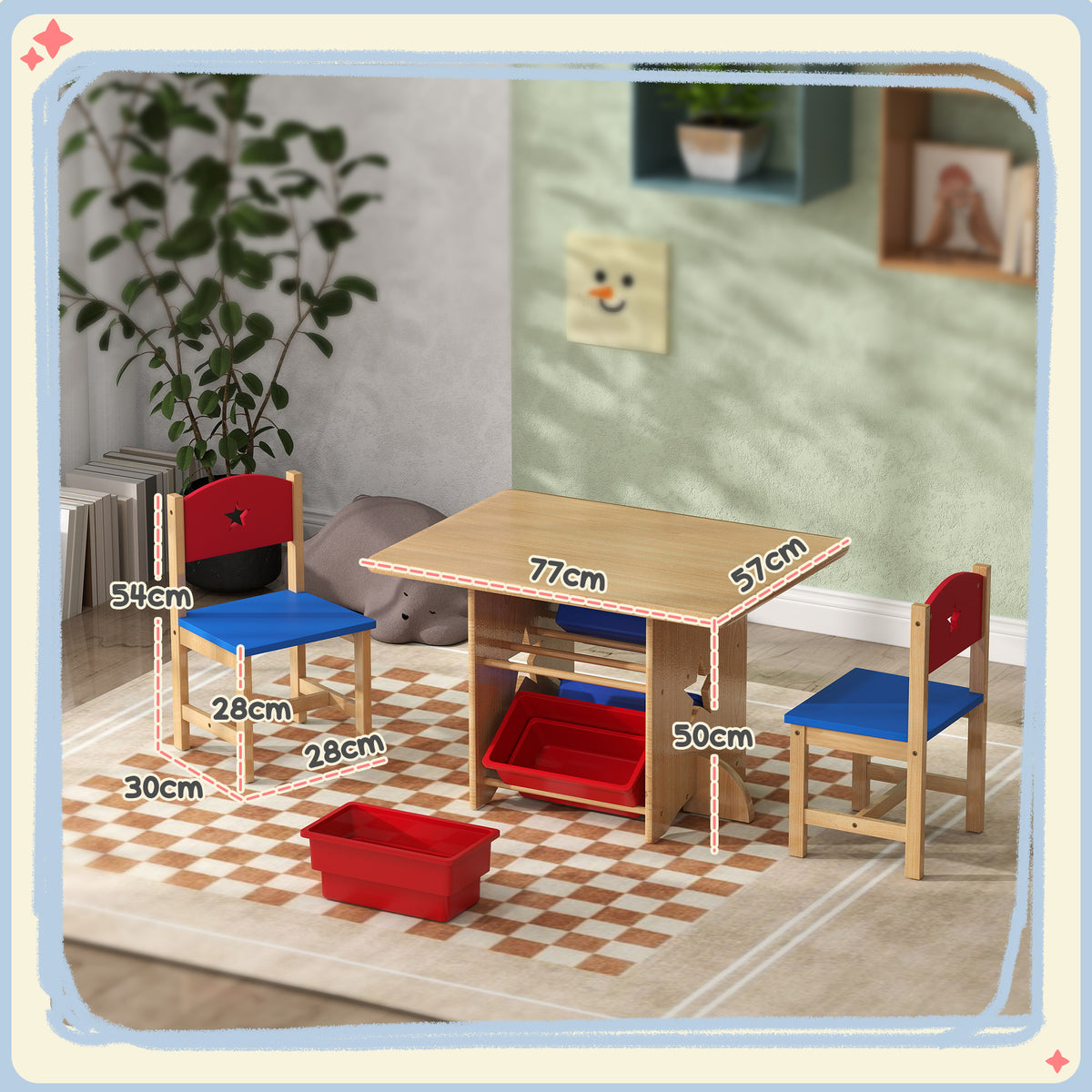 Table enfant avec 2 chaises ensemble table et chaises enfants 3 pièces en bois avec 4 bacs de rangement bois naturel-2