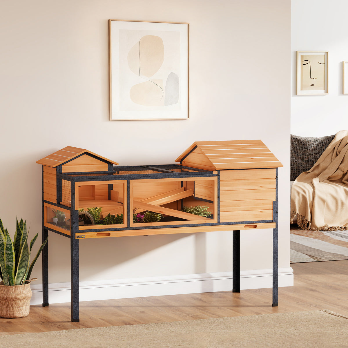 Maison pour tortues à 2 étages 2 chambres fenêtres rampes toit ouvrable et plateau 128 x 63 x 96 cm jaune-1