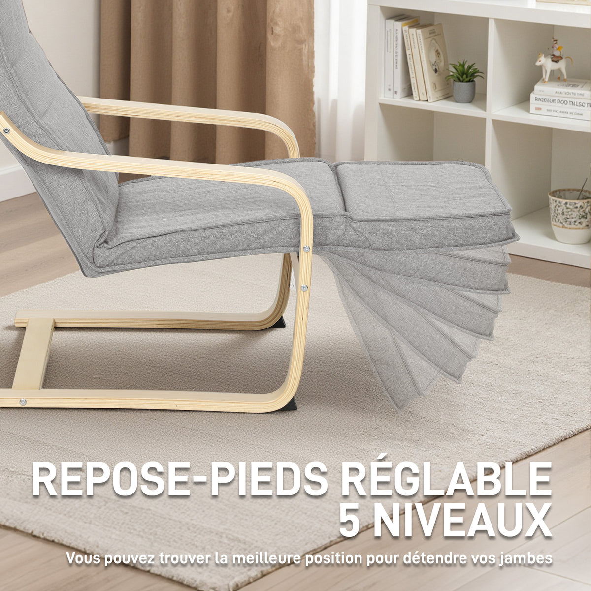 Fauteuil Luxe Confort et Relaxation avec Repose-Pied réglable déhoussable 94 x 66,5 x 100 cm cm Bois Massif Gris Clair-3