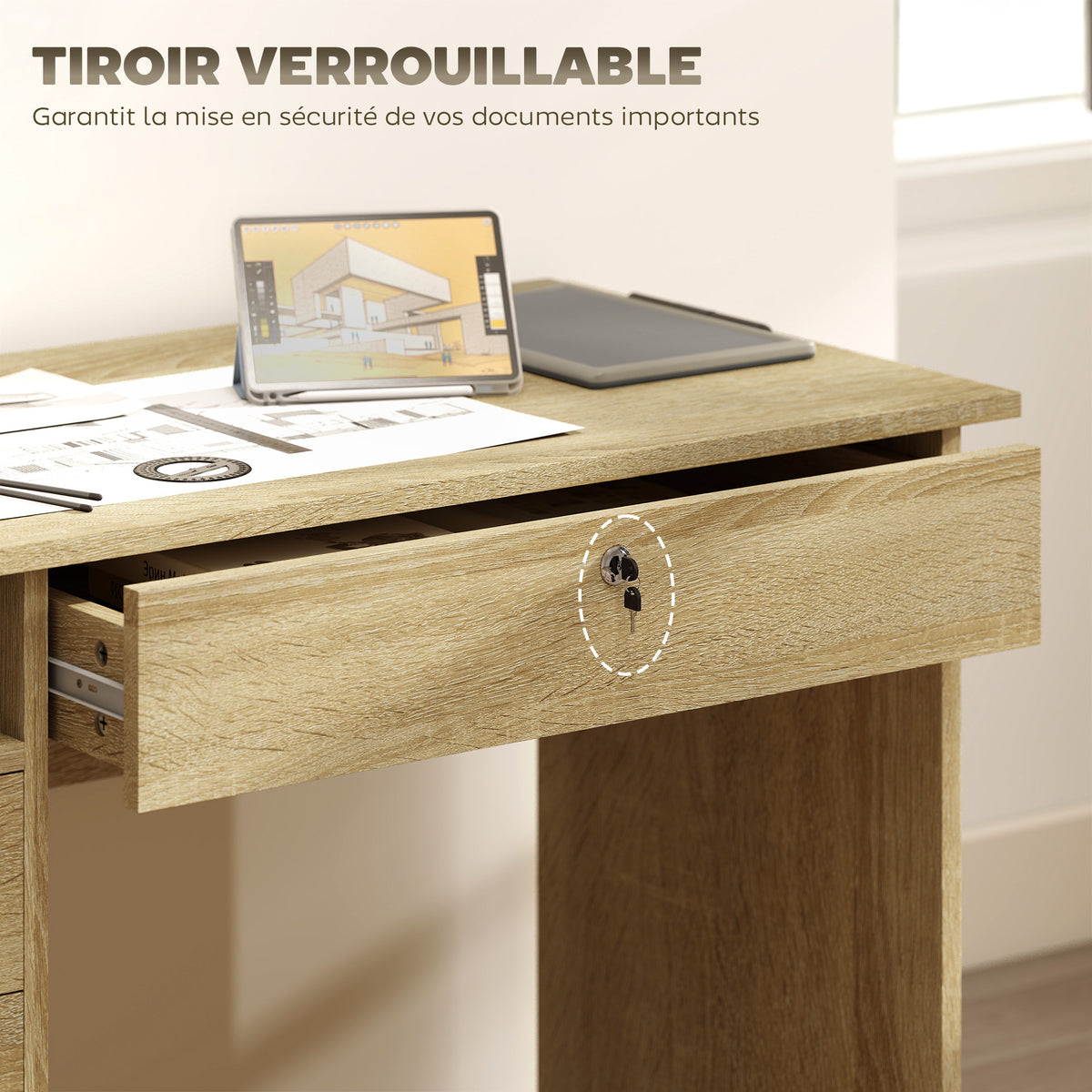 Bureau moderne avec 5 tiroirs, grand plateau, 1 compartiment ouvert, tiroir verrouillable, 110 x 50 x 76cm, chêne-4