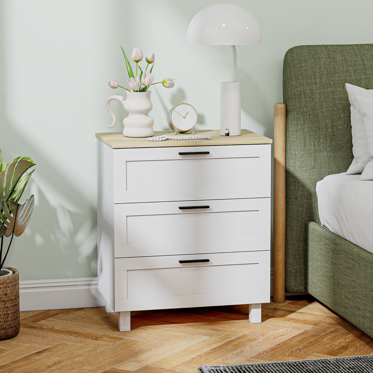 Commode 3 tiroirs meuble de rangement style moderne pieds en bois massif et plateau effet bois, 60 x 38 x 71 cm, blanc-1