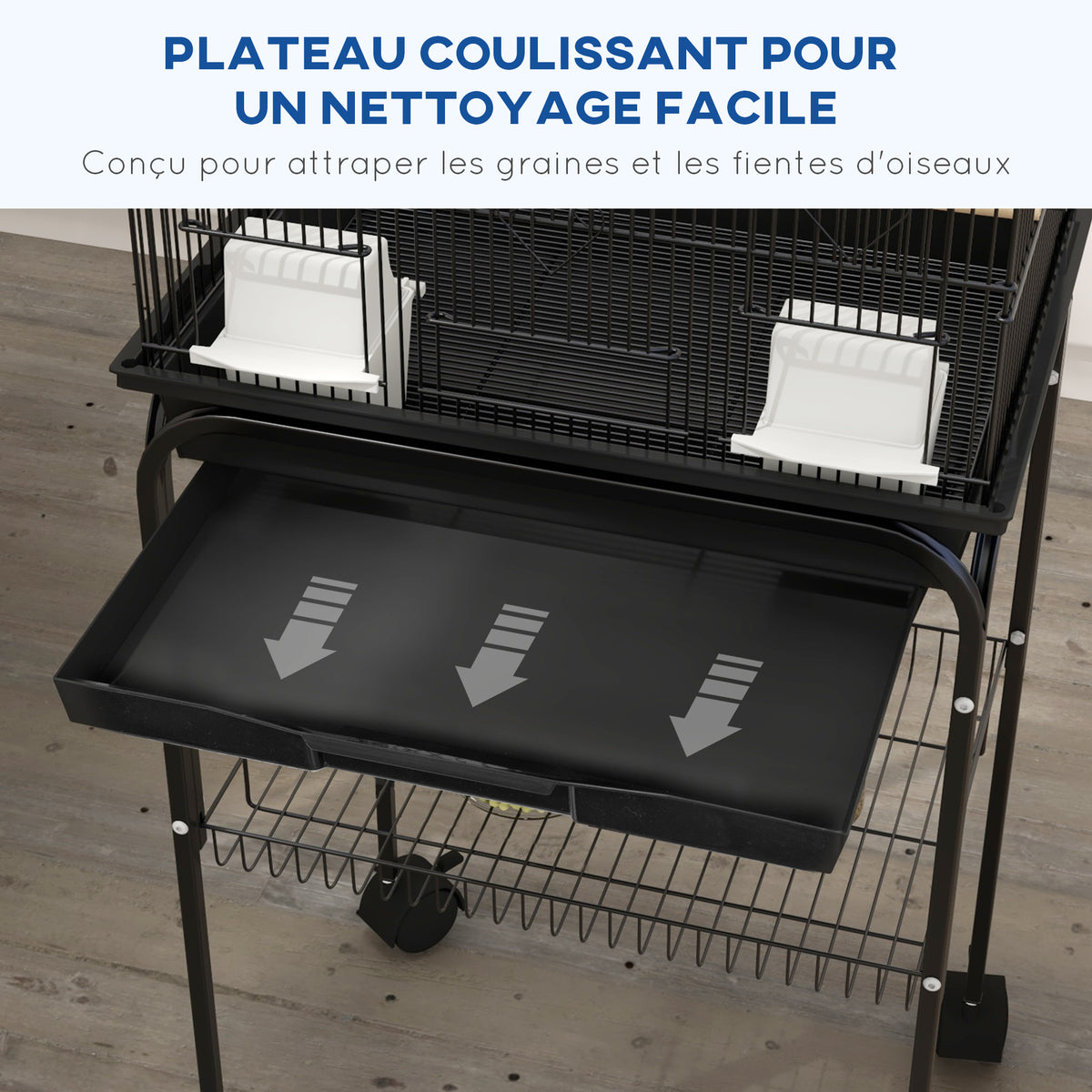 Cage à oiseaux design maison mangeoires perchoirs 3 portes plateau excrément amovible + poignée transport noir-4