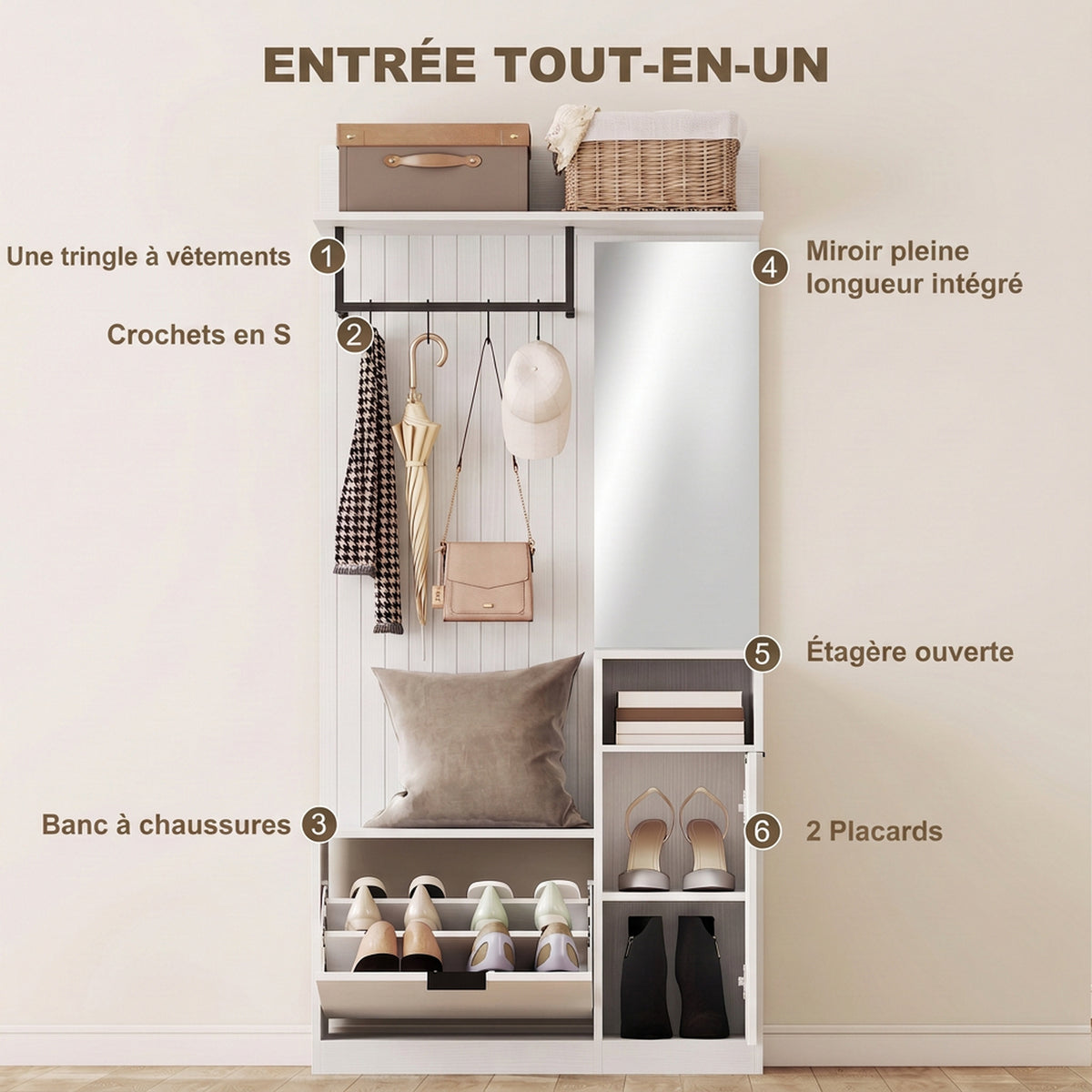 Porte-Manteau 6 en 1 Meuble d'Entrée avec Banc à Chaussures Miroir Tiroir Basculant Étagères Réglables 4 Crochets Blanc-3