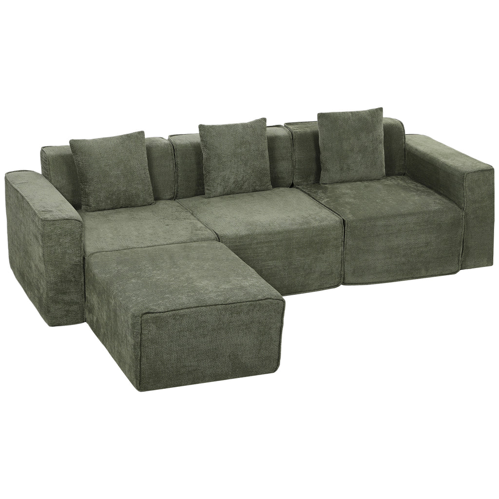 Canapé 3 Places avec Pouf Réversible, Canapé d'Angle Modulable en Chenille 251 cm Moderne, Assise Large, Vert-0