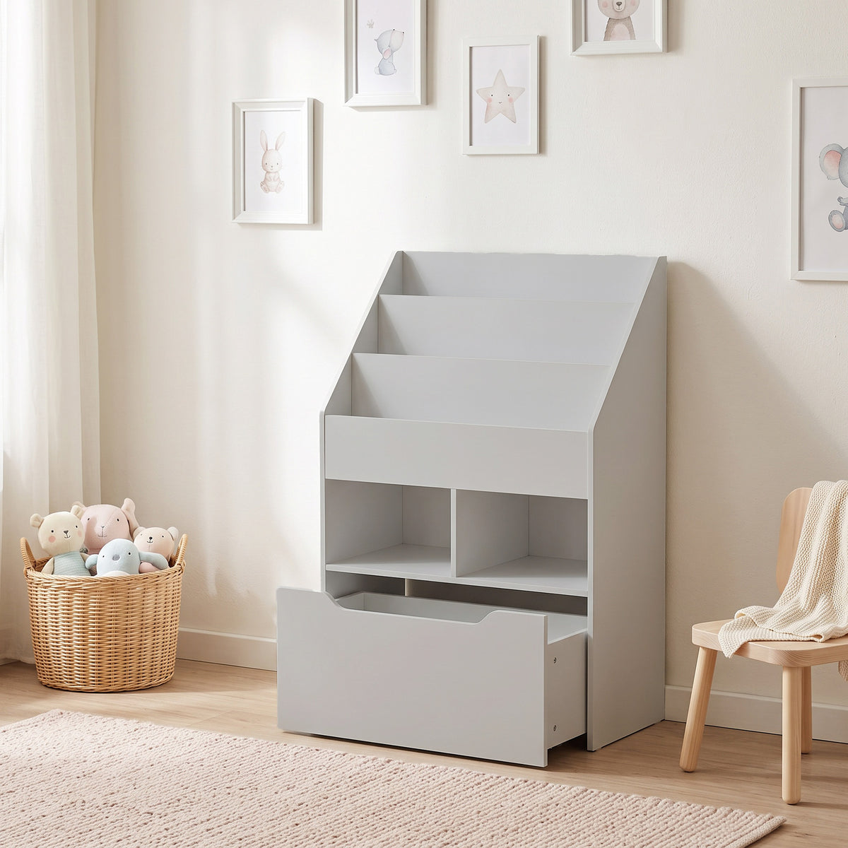 Bibliothèque étagère Multi-Rangement 3 étagères 2 niches Grand tiroir en bois Gris-1