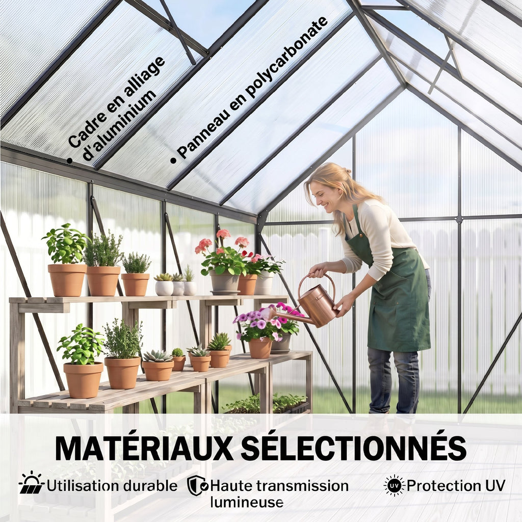 Serre de jardin en aluminium polycarbonate avec fondation, serre avec fenêtre réglable porte coulissante 190x375x199cm-3