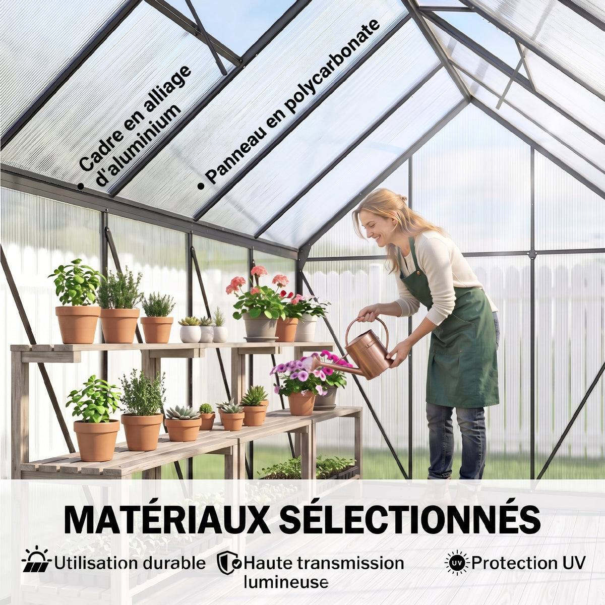 Serre de jardin en aluminium polycarbonate avec fondation, serre avec fenêtre réglable porte coulissante 190x375x199cm-3