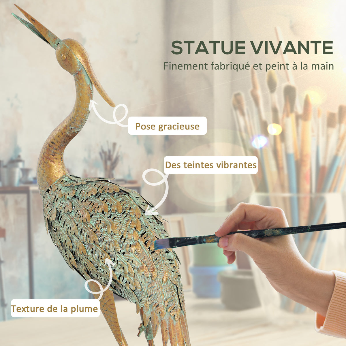 Statue jardin exterieur, sculpture de héron en métal, décoration de jardin exterieur 90 cm, multicolore-3