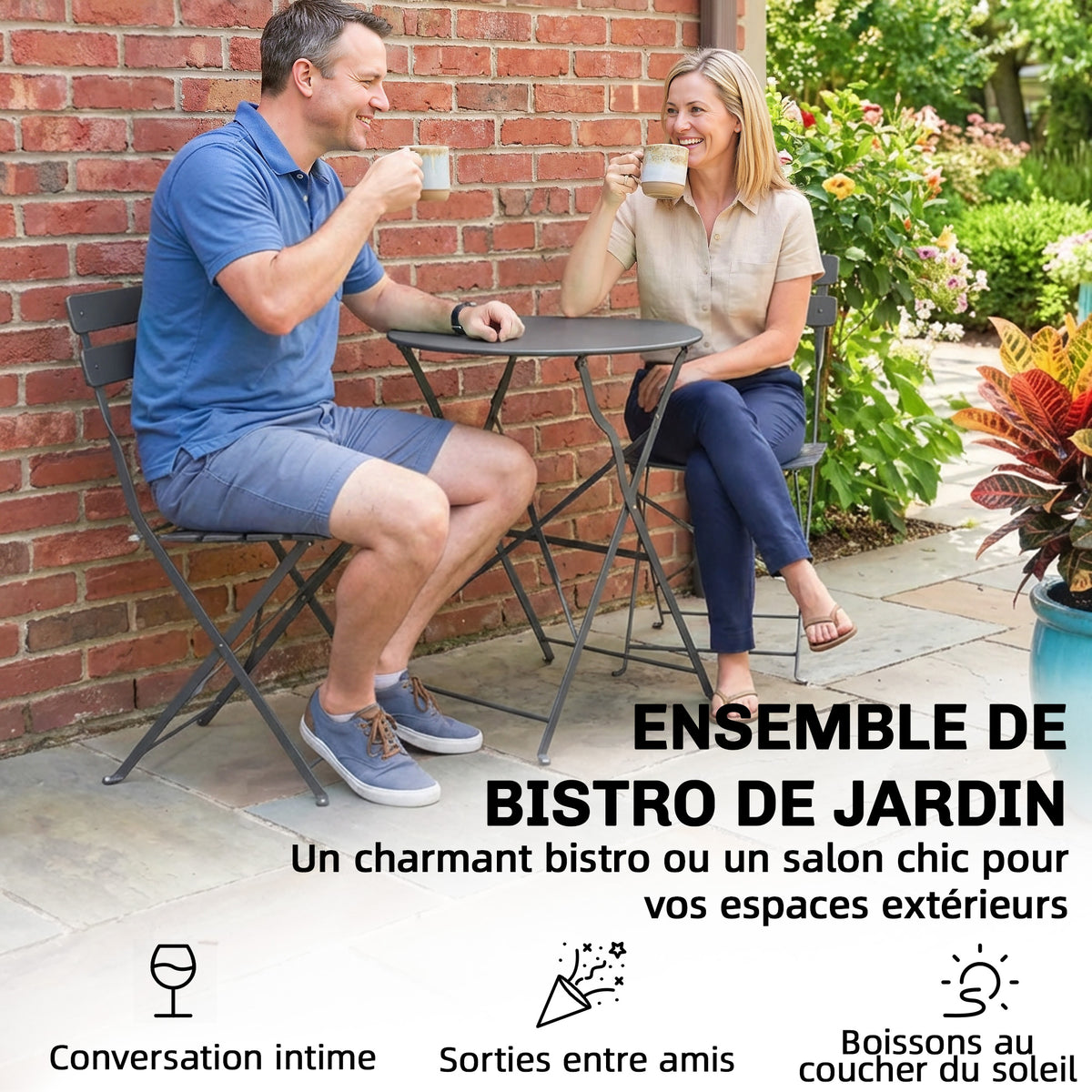 Ensemble Bistrot de Jardin 3 Pièces Table et 2 Chaises Pliantes à Lattes Double Protection Antirouille Noir-4