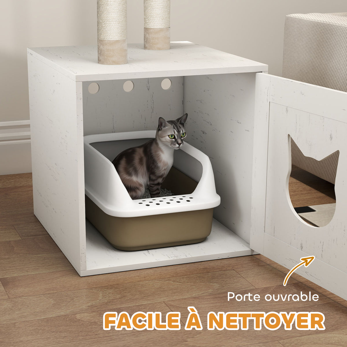 Arbre à chat avec maison de toilettes, tour de jeu 2-en-1 de 129 cm avec cache-litière, poteaux à griffer, crème-6