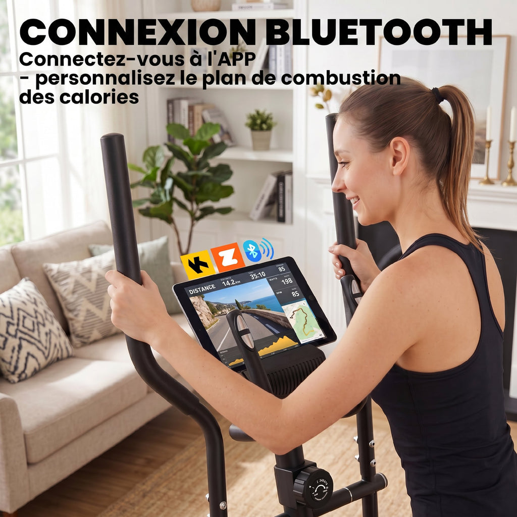 Vélo Elliptique, Écran LCD, Résistance 8 Niveaux, Capteur Pouls, Bluetooth, Support pour Téléphone, 100x52x153cm, Gris-3