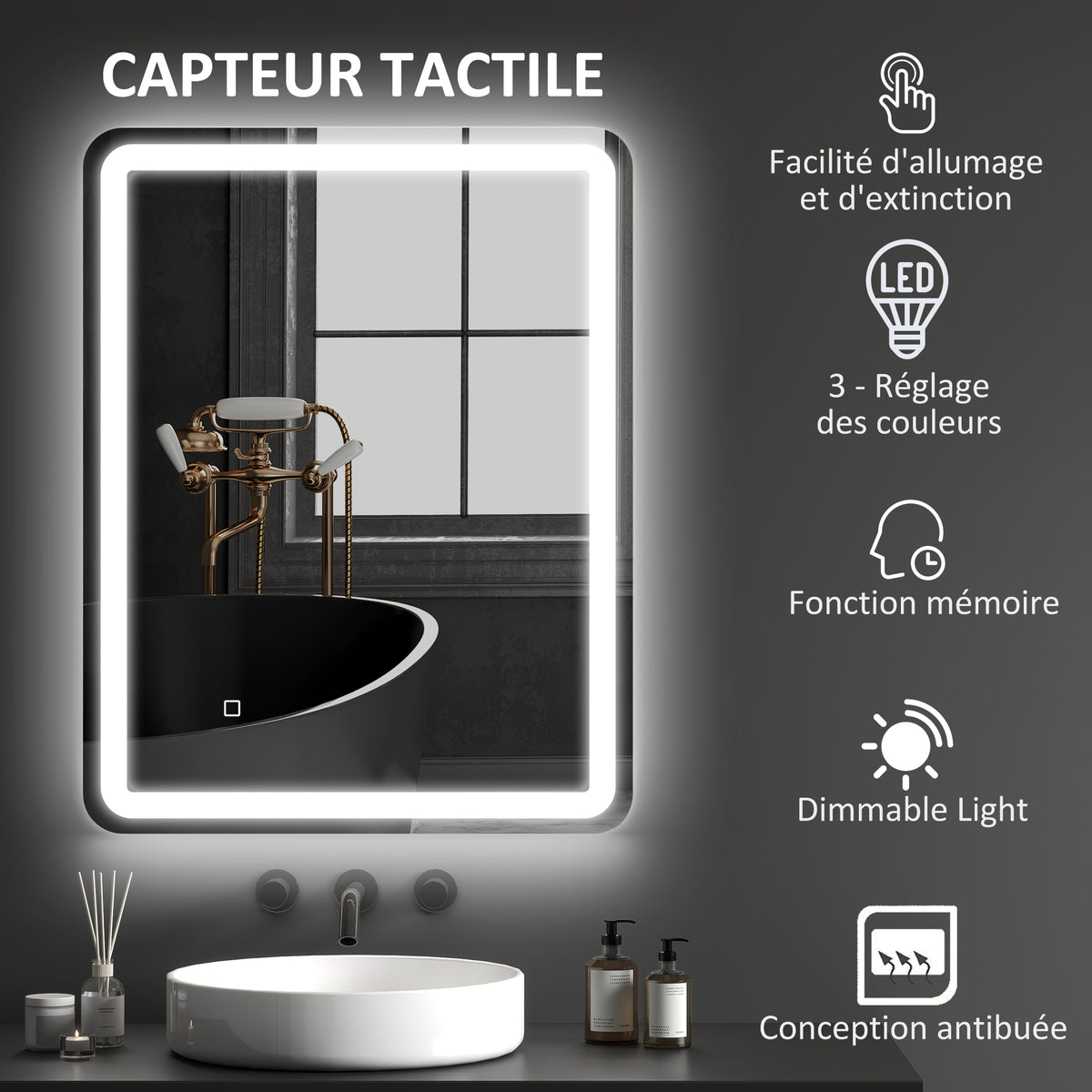 Miroir de salle de bain rectangulaire LED fonction anti-buée luminosité réglable fonction mémoire 70 x 90 cm argent-4