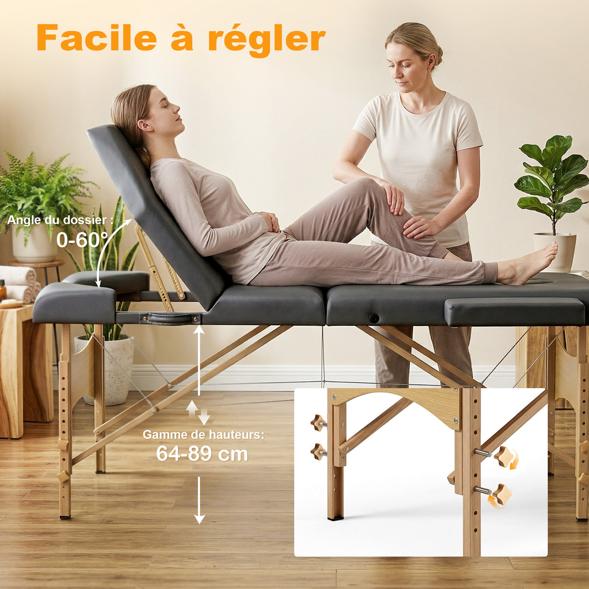 Table de massage pliante, lit de massage 3 zones portable 185 x 60 cm, hauteur et dossier réglables, appui-tête, gris-3