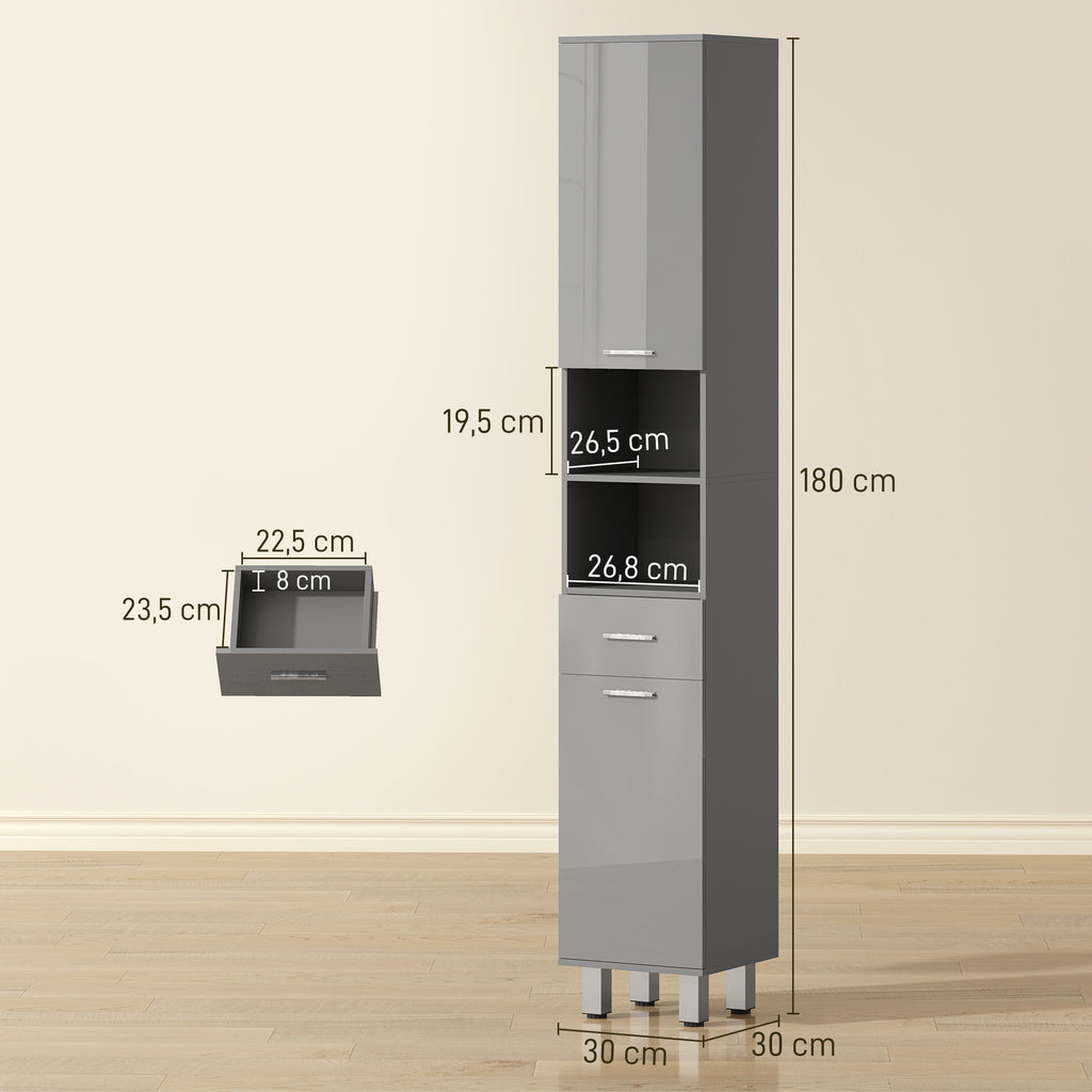 Meuble colonne salle de bain avec étagères réglables et compartiments ouverts, 30x30x180cm, gris brillant-2