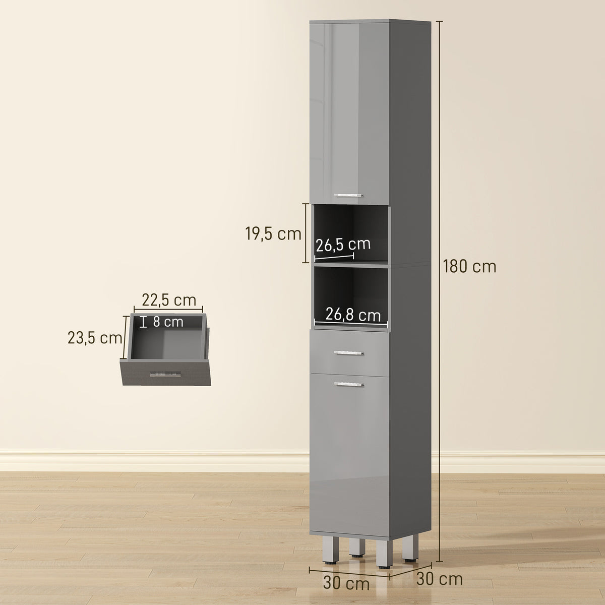 Meuble colonne salle de bain avec étagères réglables et compartiments ouverts, 30x30x180cm, gris brillant-2