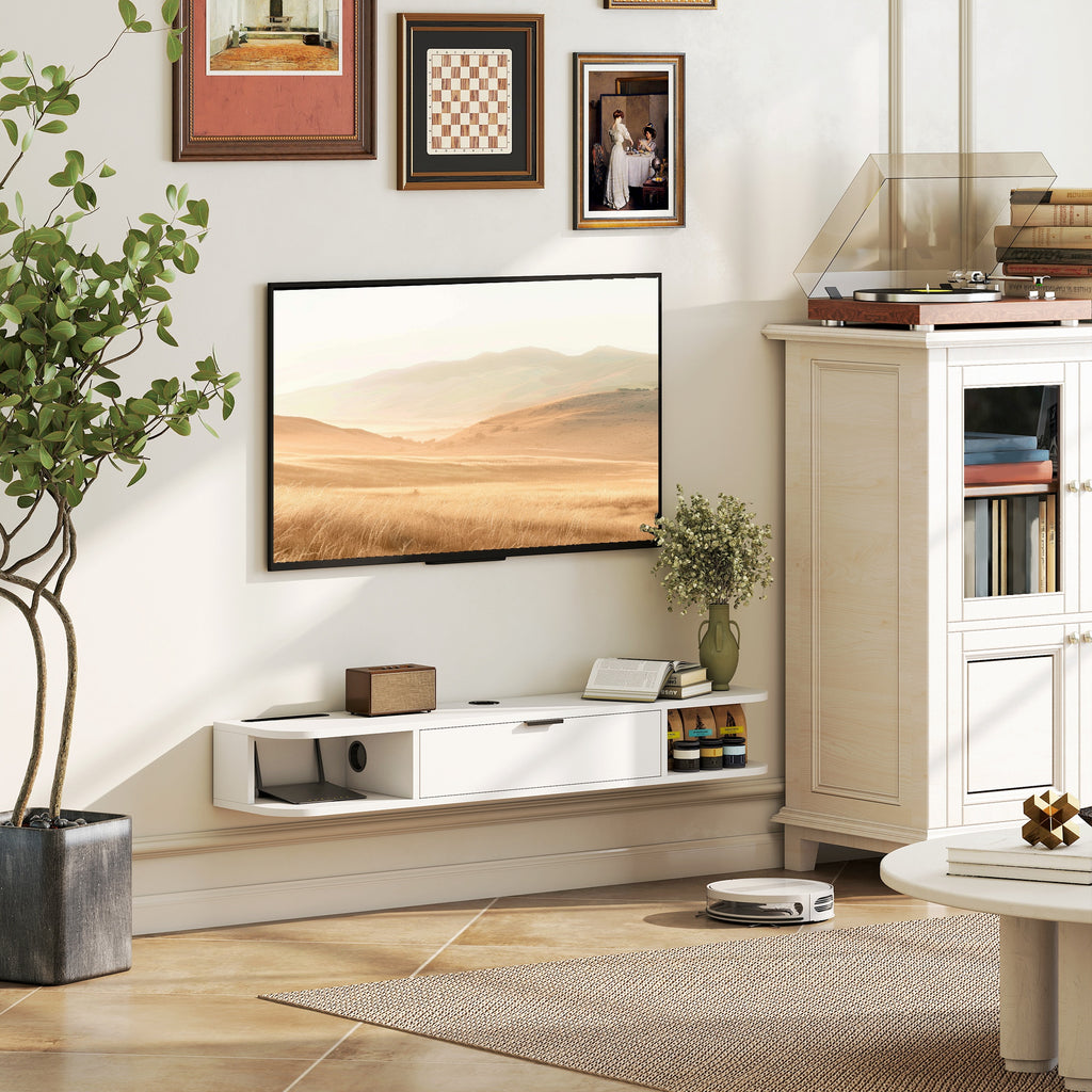 Meuble TV suspendu, meuble télé pour téléviseur jusqu'à 50 pouces, tiroir rabattable 2 étagères 120x24x16cm blanc-1