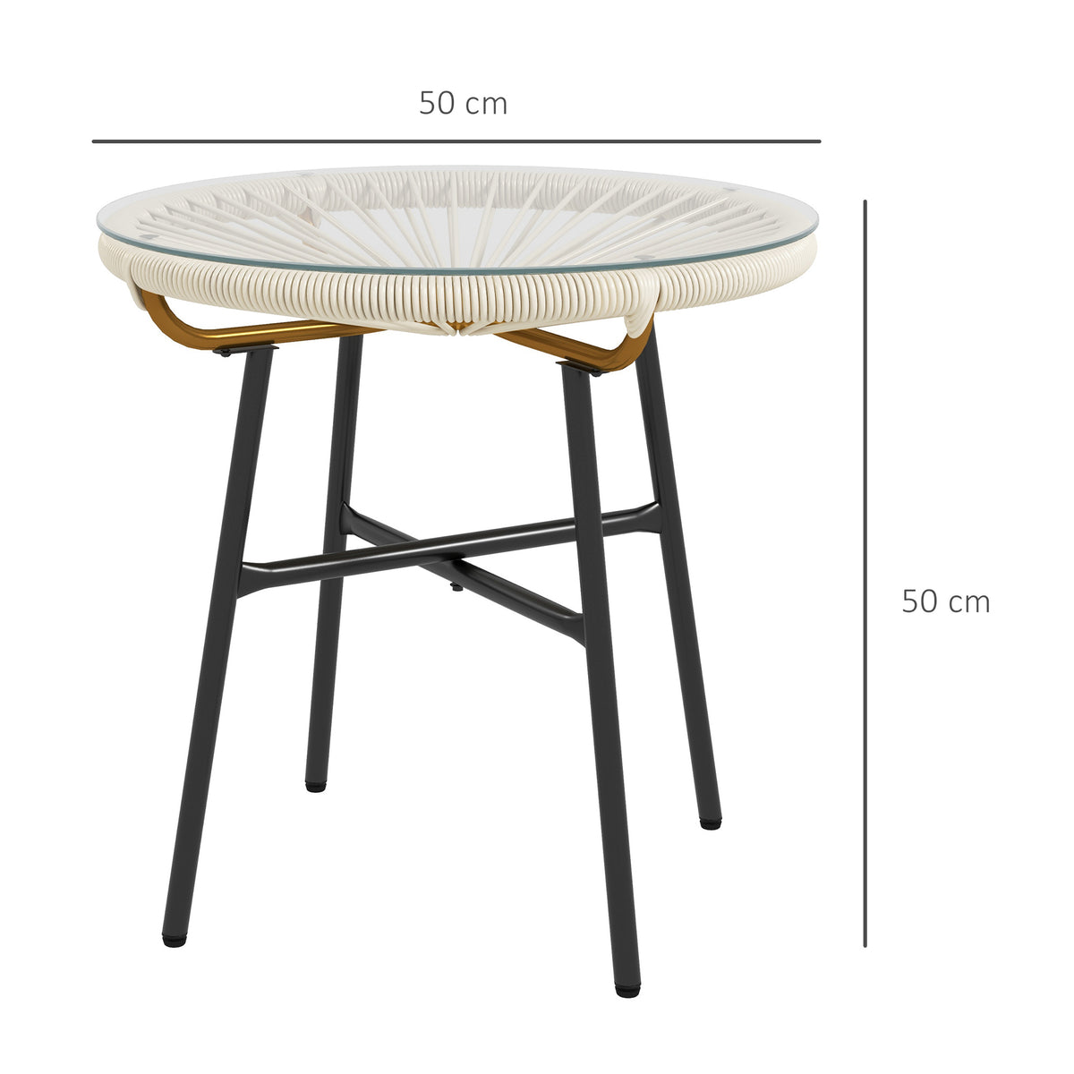 Table basse ronde de jardin en résine aspect rotin métal et plateau verre trempé Ø 50 x 50 cm crème-2