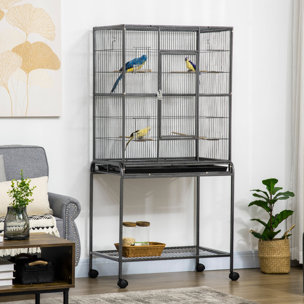 Cage à Oiseaux Portable avec 4 Mangeoires et 4 Perchoirs Pratique 81 x 48 x 162,5 cm Noir et Gris-1