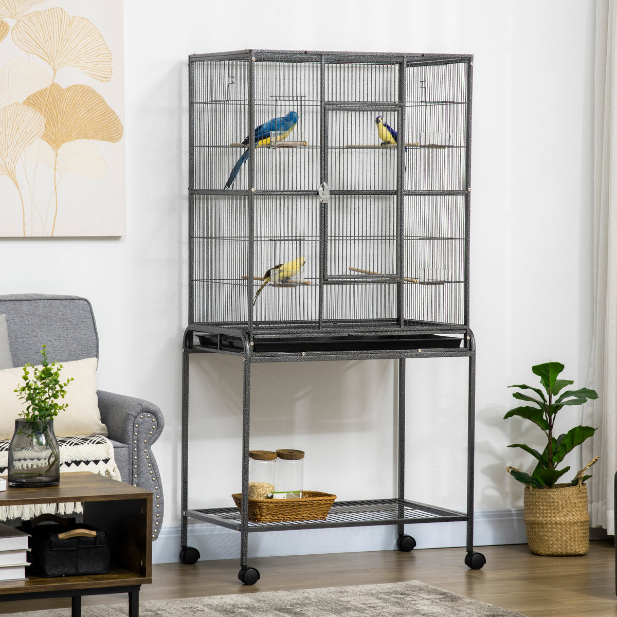 Cage à Oiseaux Portable avec 4 Mangeoires et 4 Perchoirs Pratique 81 x 48 x 162,5 cm Noir et Gris-1