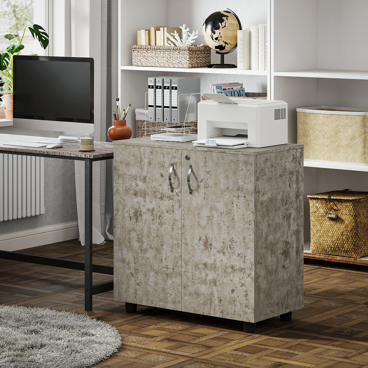 Armoire de Bureau à 2 Niveaux, Meuble de Rangement Bureau avec 2 Portes, Serrures et Clés, 80x40x80cm, Gris-9