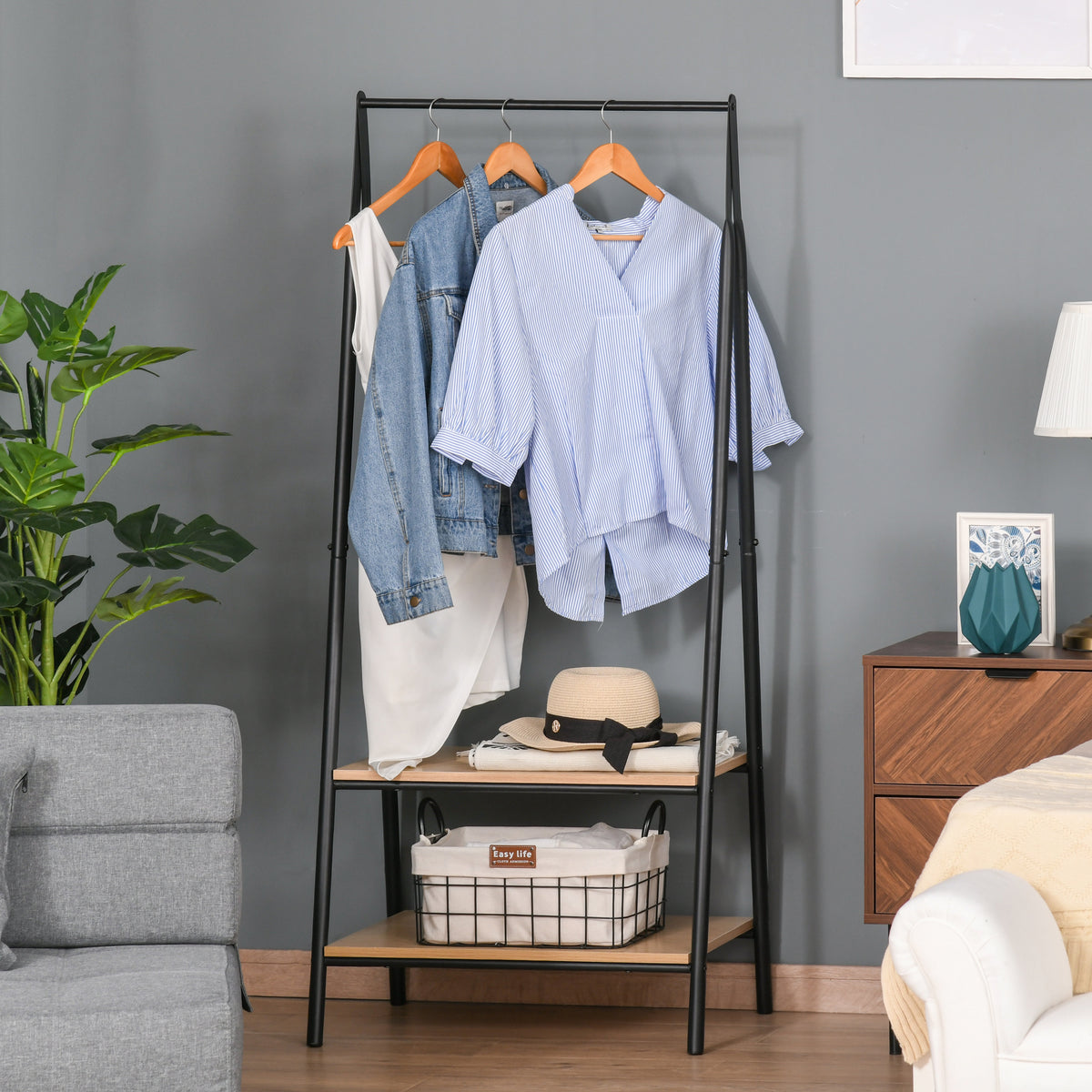 Portant à vêtements penderie style contemporain triangulaire dim. 64L x 43l x 149H cm 2 étagères MDF bois clair acier noir-1